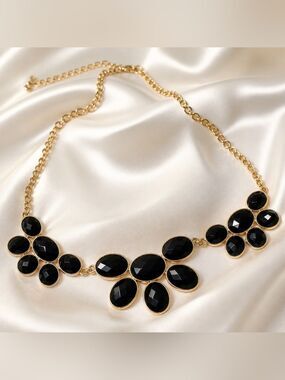 Charming Charlie Black Faceted Gem Cluster Necklace - Gold Tone